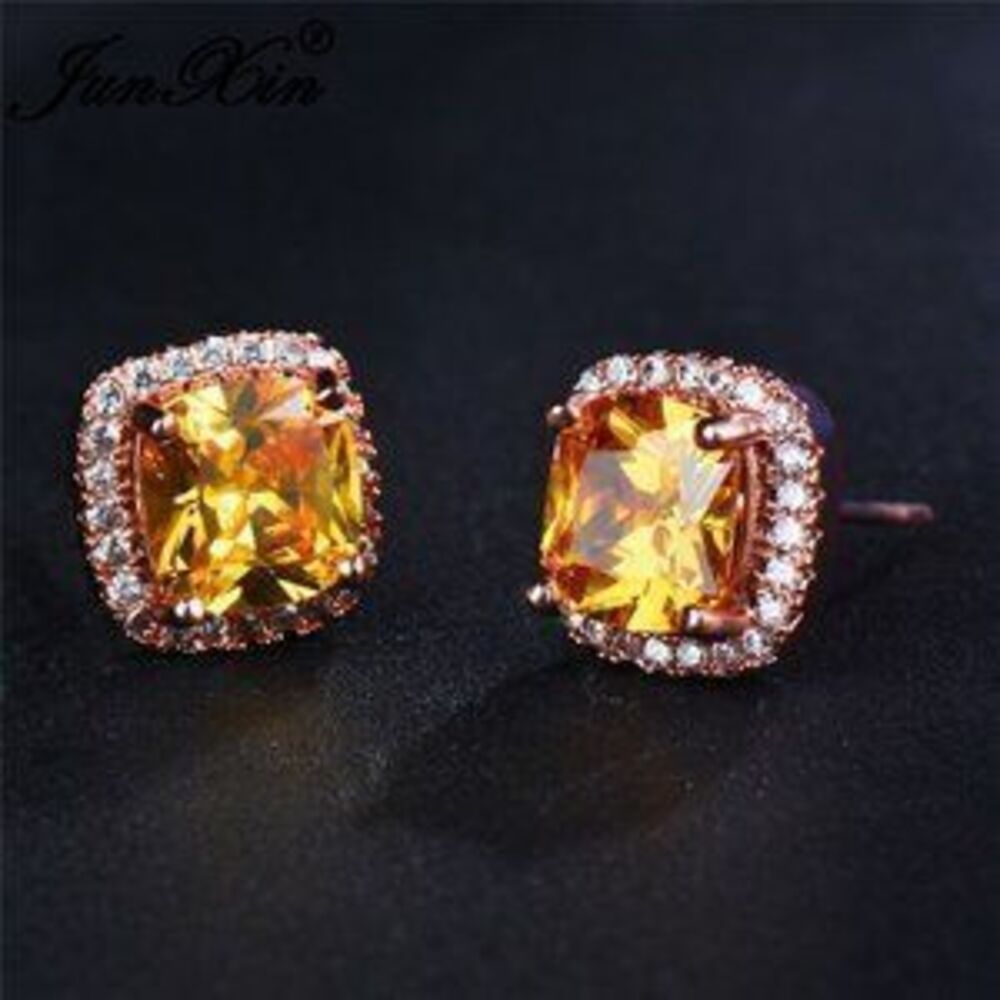 NEW 18K Rose Gold Citrine Diamond Halo Earrings